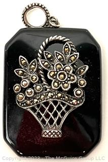 Sterling Silver Marcasite Basket of Flowers Charm Mounted on Onyx Pendant.