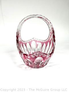 Red Cut To Clear Bohemian Crystal Basket Style Glass Bowl.  7" tall.