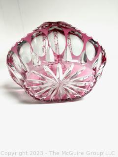 Red Cut To Clear Bohemian Crystal Basket Style Glass Bowl.  7" tall.