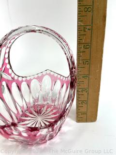 Red Cut To Clear Bohemian Crystal Basket Style Glass Bowl.  7" tall.