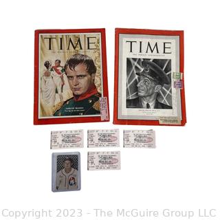 Two (2) Time Magazines Dated 1954 and 1941. Four tickets from Red Sox vs. Reds in March 2002.  Baseball card of Lou Stringer.