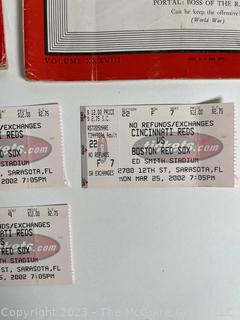 Two (2) Time Magazines Dated 1954 and 1941. Four tickets from Red Sox vs. Reds in March 2002.  Baseball card of Lou Stringer.