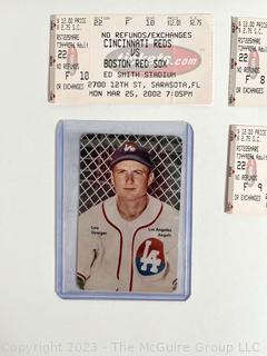 Two (2) Time Magazines Dated 1954 and 1941. Four tickets from Red Sox vs. Reds in March 2002.  Baseball card of Lou Stringer.