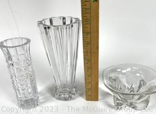 Three (3) Clear Crystal Glass Vases. Tallest is 10"T