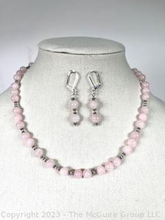 Rose Quartz Bead Necklace with Matching Earrings in Sterling Silver Findings. 18"