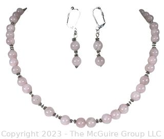 Rose Quartz Bead Necklace with Matching Earrings in Sterling Silver Findings. 18"