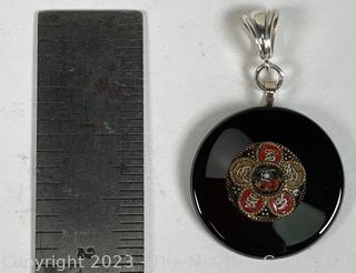 Vintage Italian Micro Mosaic Mounted on Black Onyx Pendant with Sterling Silver Bale. 