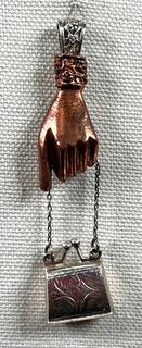 Copper Hand Holding Sterling Silver Locket Purse Pendant.