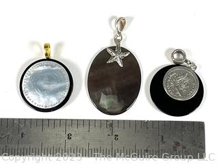 Three (3) Pendants Made With Onyx, Mother of Pearl and Abalone with Sterling Silver Bales. 