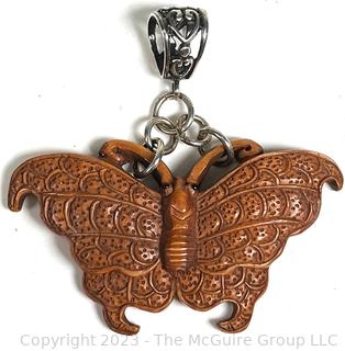 Japanese Carved Boxwood Butterfly Pendant with Sterling Silver Findings. 