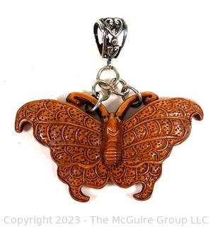 Japanese Carved Boxwood Butterfly Pendant with Sterling Silver Findings. 