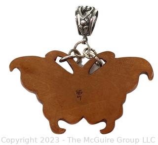 Japanese Carved Boxwood Butterfly Pendant with Sterling Silver Findings. 