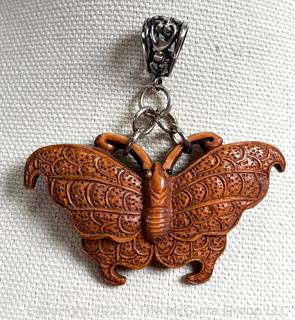 Japanese Carved Boxwood Butterfly Pendant with Sterling Silver Findings. 