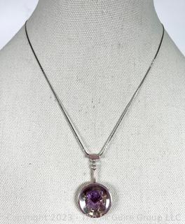 Carved Amethyst Frog Mounted on Modernist Sterling Silver Pendant with 18" Chain.  Made in Mexico.  