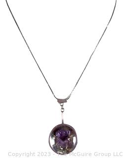 Carved Amethyst Frog Mounted on Modernist Sterling Silver Pendant with 18" Chain.  Made in Mexico.  