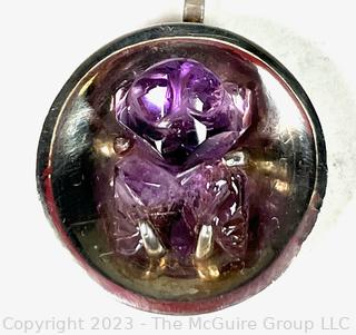 Carved Amethyst Frog Mounted on Modernist Sterling Silver Pendant with 18" Chain.  Made in Mexico.  