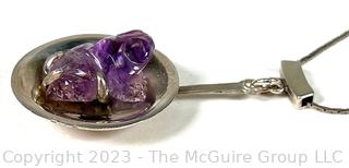 Carved Amethyst Frog Mounted on Modernist Sterling Silver Pendant with 18" Chain.  Made in Mexico.  