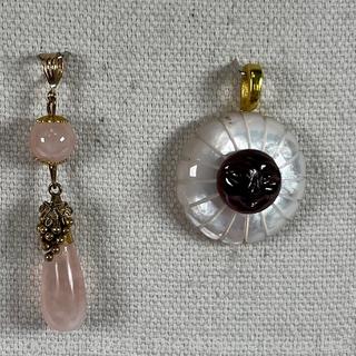 Rose Quartz Drop Pendant with Gold Filled Findings and Mother of Pearl Round Pendant with Mounted Carved Garnet and 18KT Gold Plated Bale. 