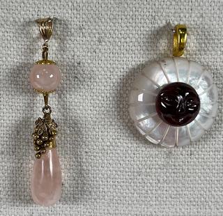 Rose Quartz Drop Pendant with Gold Filled Findings and Mother of Pearl Round Pendant with Mounted Carved Garnet and 18KT Gold Plated Bale. 