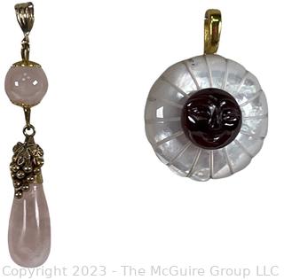 Rose Quartz Drop Pendant with Gold Filled Findings and Mother of Pearl Round Pendant with Mounted Carved Garnet and 18KT Gold Plated Bale. 