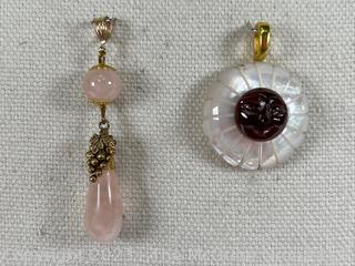 Rose Quartz Drop Pendant with Gold Filled Findings and Mother of Pearl Round Pendant with Mounted Carved Garnet and 18KT Gold Plated Bale. 