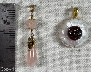 Rose Quartz Drop Pendant with Gold Filled Findings and Mother of Pearl Round Pendant with Mounted Carved Garnet and 18KT Gold Plated Bale. 