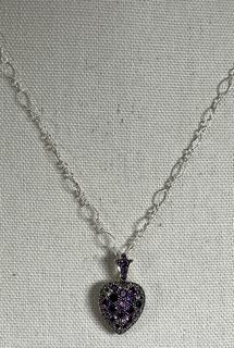 Heart Shaped Sterling Silver Locket Pendant with Amethysts on 18” Chain Necklace. 