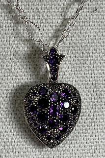 Heart Shaped Sterling Silver Locket Pendant with Amethysts on 18” Chain Necklace. 