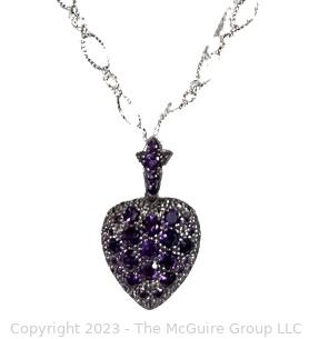 Heart Shaped Sterling Silver Locket Pendant with Amethysts on 18” Chain Necklace. 