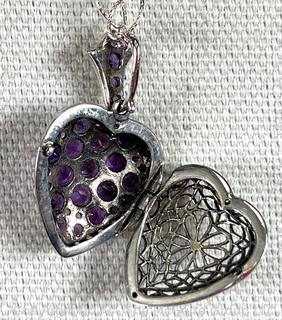 Heart Shaped Sterling Silver Locket Pendant with Amethysts on 18” Chain Necklace. 