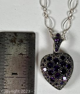 Heart Shaped Sterling Silver Locket Pendant with Amethysts on 18” Chain Necklace. 