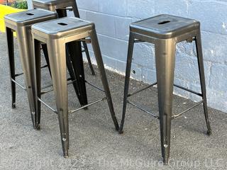 Set of Four (4) Black Metal Industrial Bar Stools. 11.5 x 30.5"