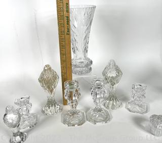 Group of Cut Clear Crystal Including Salt & Pepper Shakers, Vase and Candle Sticks