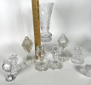 Group of Cut Clear Crystal Including Salt & Pepper Shakers, Vase and Candle Sticks