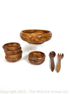 Nine (9) Piece Carved Wood Salad Bowl Set