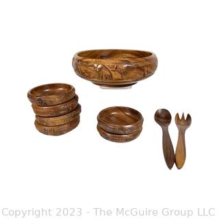 Nine (9) Piece Carved Wood Salad Bowl Set