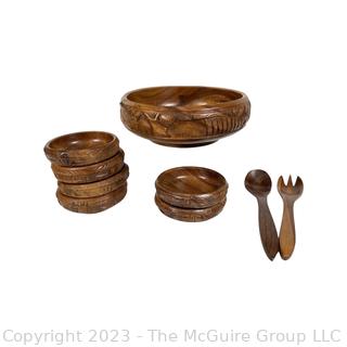 Nine (9) Piece Carved Wood Salad Bowl Set