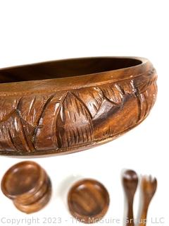 Nine (9) Piece Carved Wood Salad Bowl Set