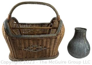 Coastal Rattan & Wicker Magazine Basket with handle 17"T and Pewter Metal Vase Jug