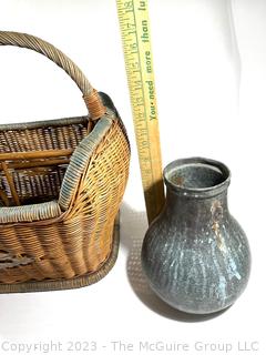 Coastal Rattan & Wicker Magazine Basket with handle 17"T and Pewter Metal Vase Jug