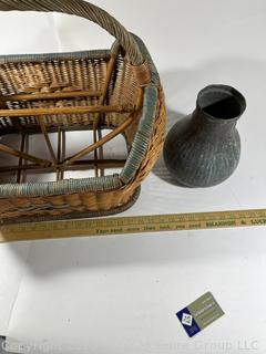 Coastal Rattan & Wicker Magazine Basket with handle 17"T and Pewter Metal Vase Jug