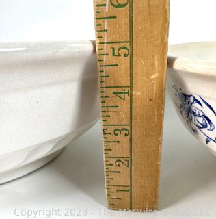 Two (2) Large Blue and White Porcelain Wash Basin Bowls.  5"T 15"D