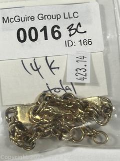 Men's 14kt Yellow Gold ID Bracelet with Inscriptions on Front and Back.  Link broken.  25.5 grams