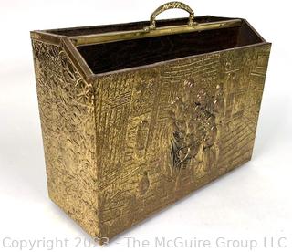 Lombard Wood with Brass Relief Magazine Rack or Holder.  14" x 10" x 6".