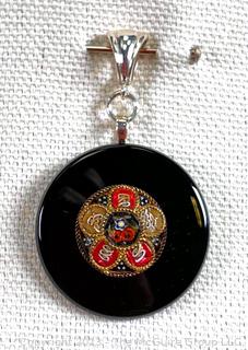 Vintage Italian Micro Mosaic Mounted on Black Onyx Pendant with Sterling Silver Bale. 