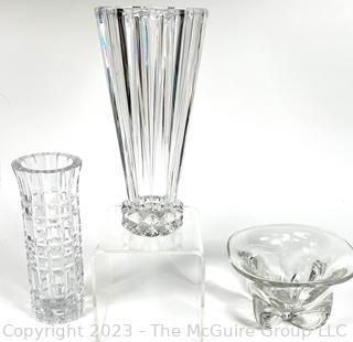 Three (3) Clear Crystal Glass Vases. Tallest is 10"T