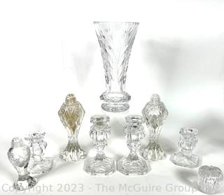 Group of Cut Clear Crystal Including Salt & Pepper Shakers, Vase and Candle Sticks