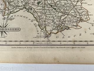 Herefordshire County Map, Great Britain Taken From the "Cary's New & Correct English Atlas", Published by John Cary, London (1787). Hand colored engraving by copperplate  10 x 12.5"