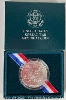 U S Mint 1991 Korean War Memorial Coin (Uncirculated Silver Dollar); U.S. Mint 1986 Liberty Silver Dollar (90%), U.S. Mint Congressional Coin 1989 Half Dollar Proof, U. S. Mint 1993 Silver American Eagle $1 Proof Coin, U.S. Mint 1982 George Washington Commemorative Half Dollar Coin 1732-1982 (90% silver)