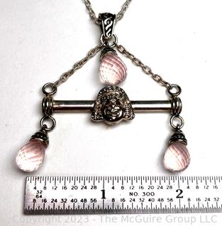 Vintage Sterling Silver Italian Mascaron Mask Pendant with Rose Quartz on Chain Necklace